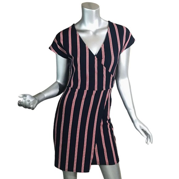 Rebel Sugar Women's Small Striped Blue Red Short Body-con Style Dress Faux Wrap - Picture 1 of 16
